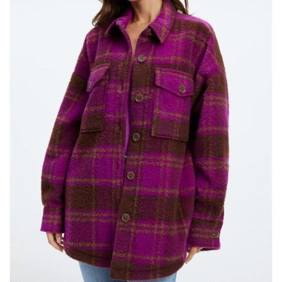 NWT Good American wool Blend Plaid Shacket Shirt Jacket size 3/4 Size L XL - Picture 1 of 12